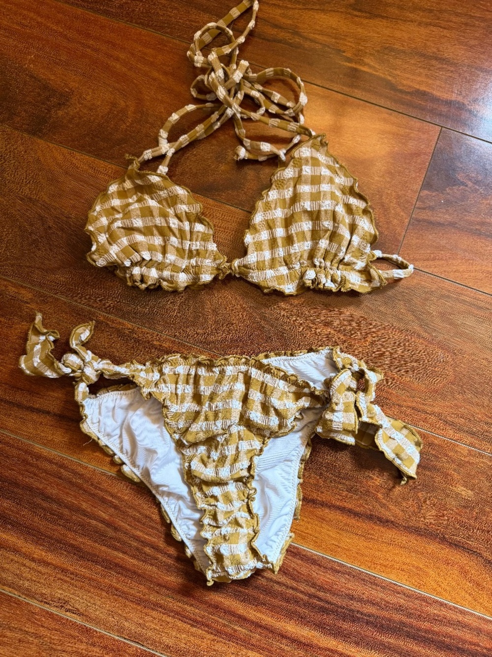 J.Crew Gingham Ruffle Bikini Set — Yellow/Gold, Size S - never worn!